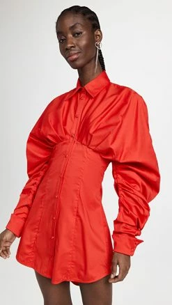 Promo ✔️ Aliette Puff Sleeve Button Down ???? Dress Red ⌛