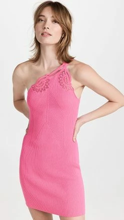 Outlet ???? Self Portrait One Shoulder Ribbed Knit Mini ???? Dress Pop Pink ????